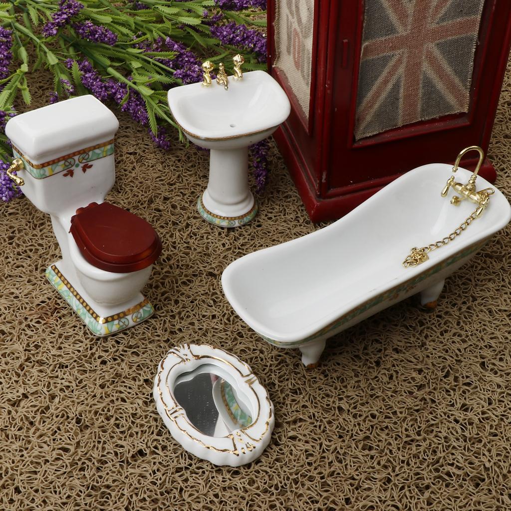 4Pcs White Porcelain Bathroom Model Set 1/12 Dollhouse Miniature Funiture #1