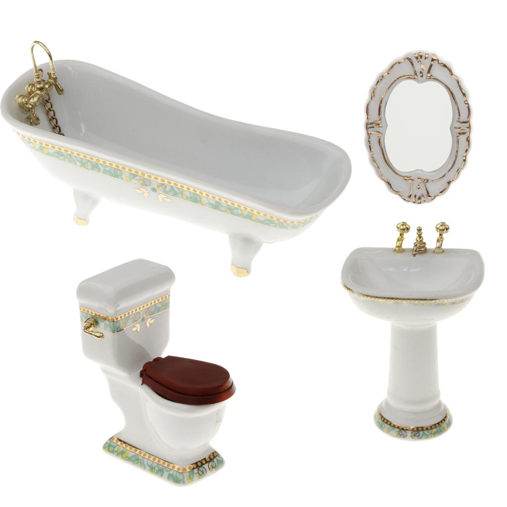 4Pcs White Porcelain Bathroom Model Set 1/12 Dollhouse Miniature Funiture #1