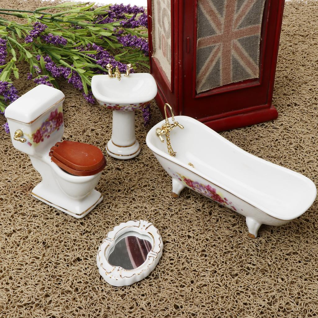 1/12 Dollhouse Miniature Furniture Accessories Bathtub Toilet Basin Kit 4pcs