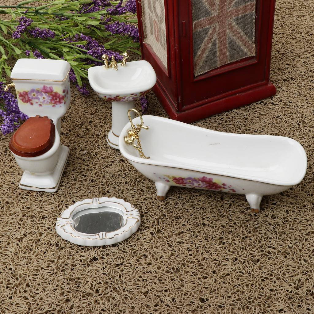 1/12 Dollhouse Miniature Furniture Accessories Bathtub Toilet Basin Kit 4pcs