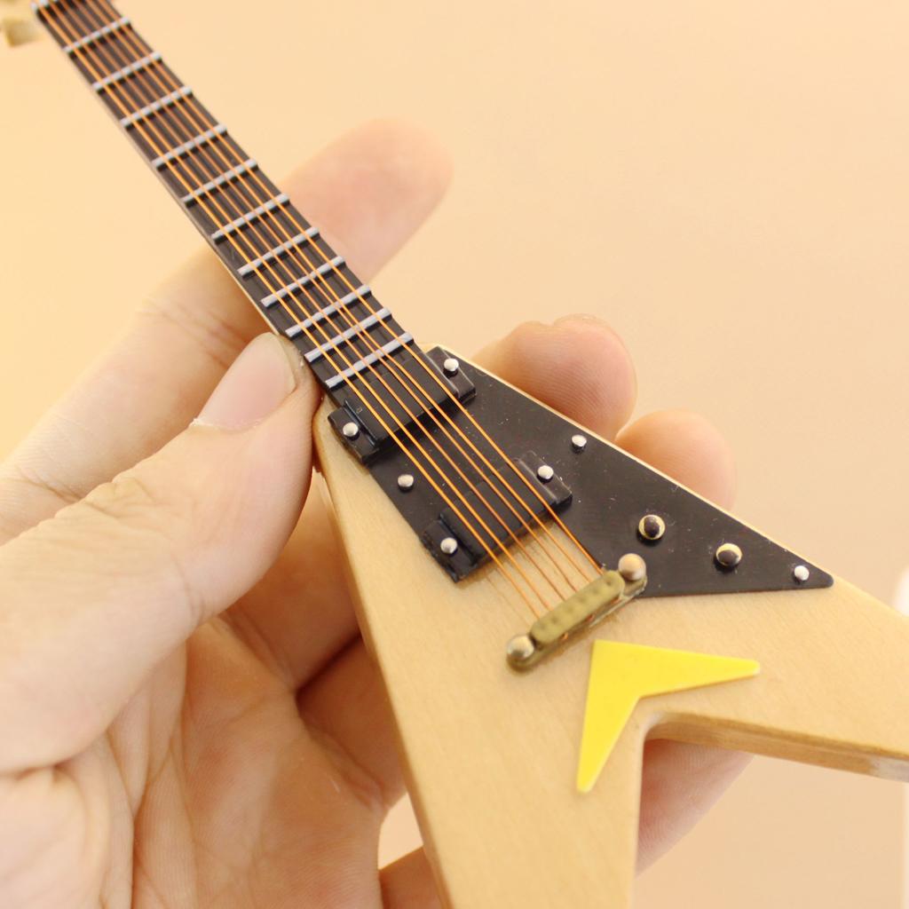 1/6 V-Shape Wooden Mini Guitar Musical Instruments Model with Stand Yellow