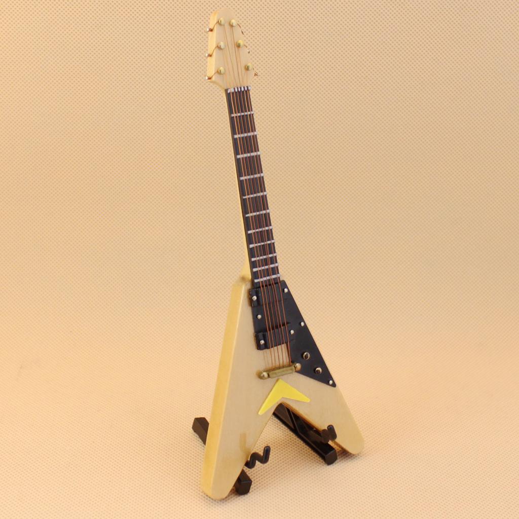 1/6 V-Shape Wooden Mini Guitar Musical Instruments Model with Stand Yellow