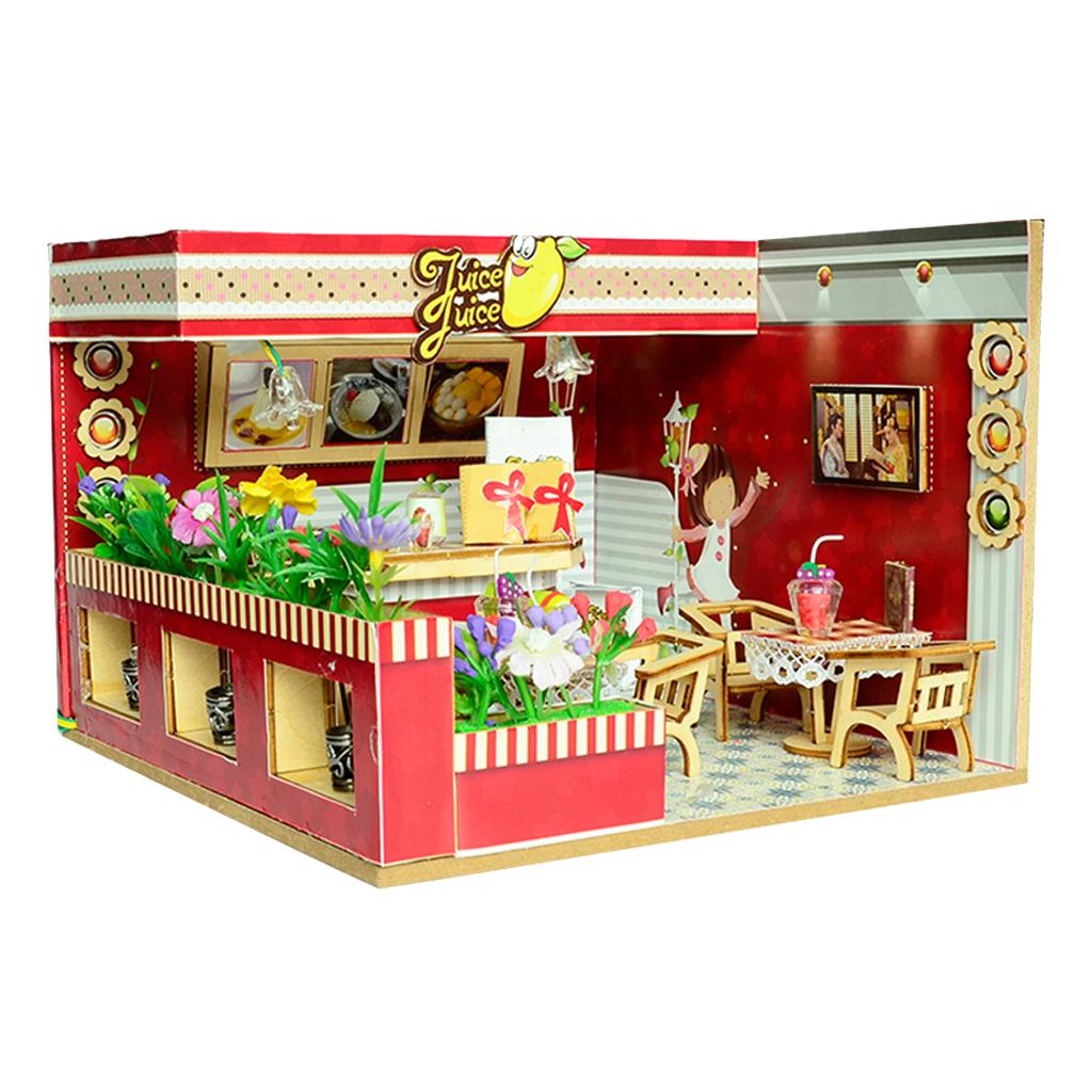 1/24 DIY Miniature Dollhouse with Furniture, Light Kits Juice Bar Kids Gift