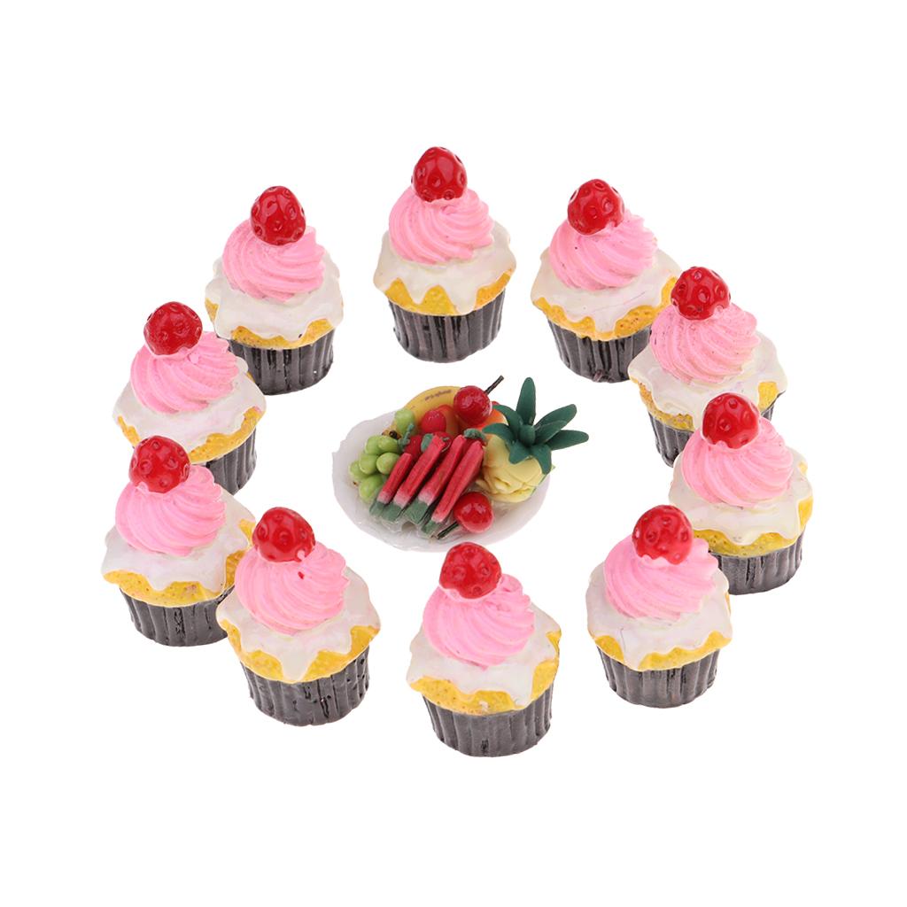 Mini Food Model Fruit Platter & Cream Cake For 1/12 Dollhouse Kitchen Decor