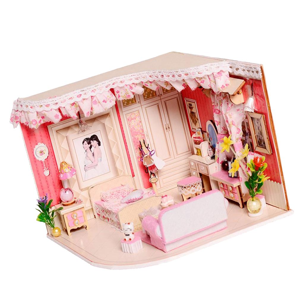 DIY Dolls House Kit Wooden Miniature with Furniture LED Lights Pink Memories