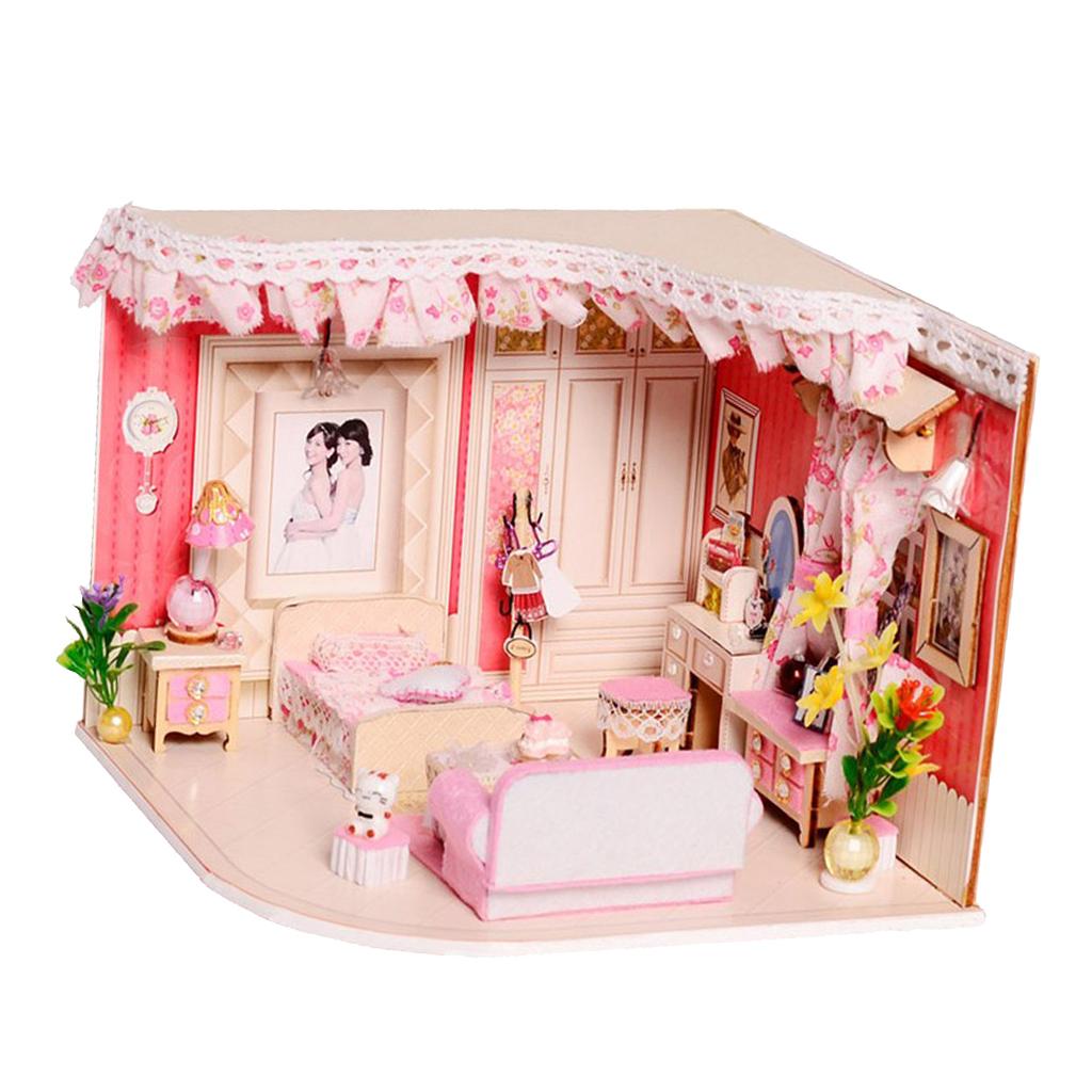 DIY Dolls House Kit Wooden Miniature with Furniture LED Lights Pink Memories