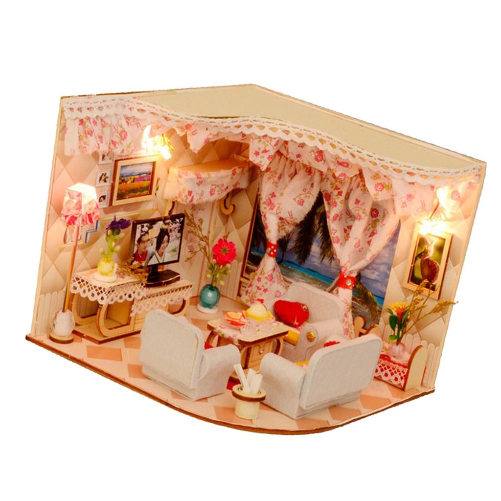 DIY Dolls House Kit Wooden Miniature with Furniture LED Lights Romance House