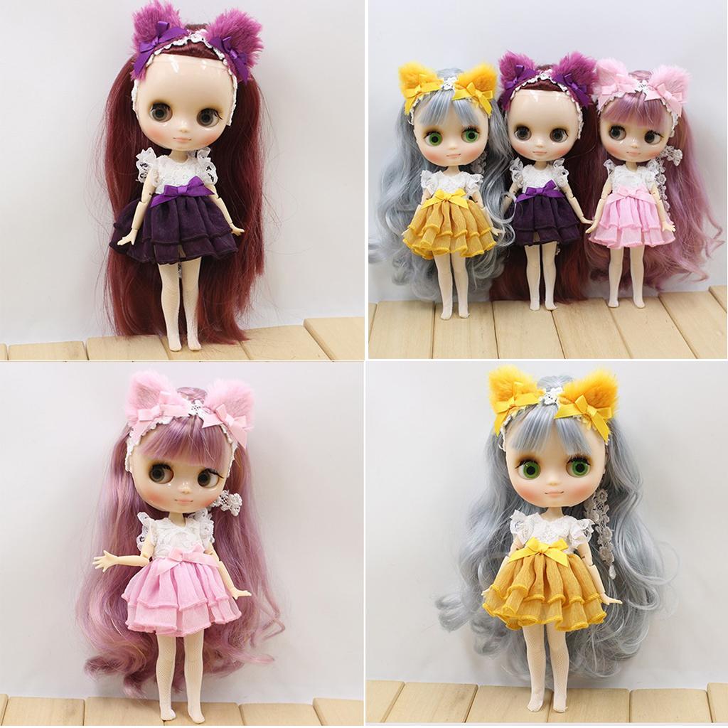 Lovely Cat Ears Dress Leggings Hairband Suit for Middle Blythe Doll Yellow