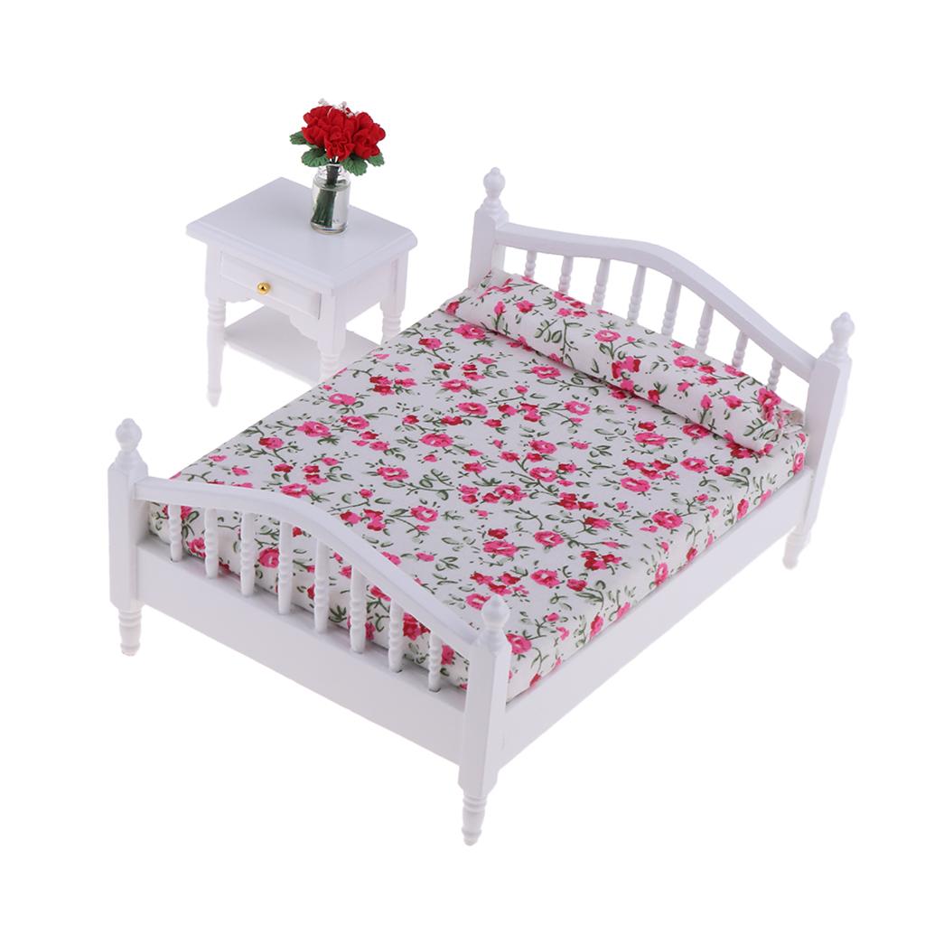 1:12 Dollhouse Miniature Wooden Floral Bed & Bedside Cabinet Furniture Decor