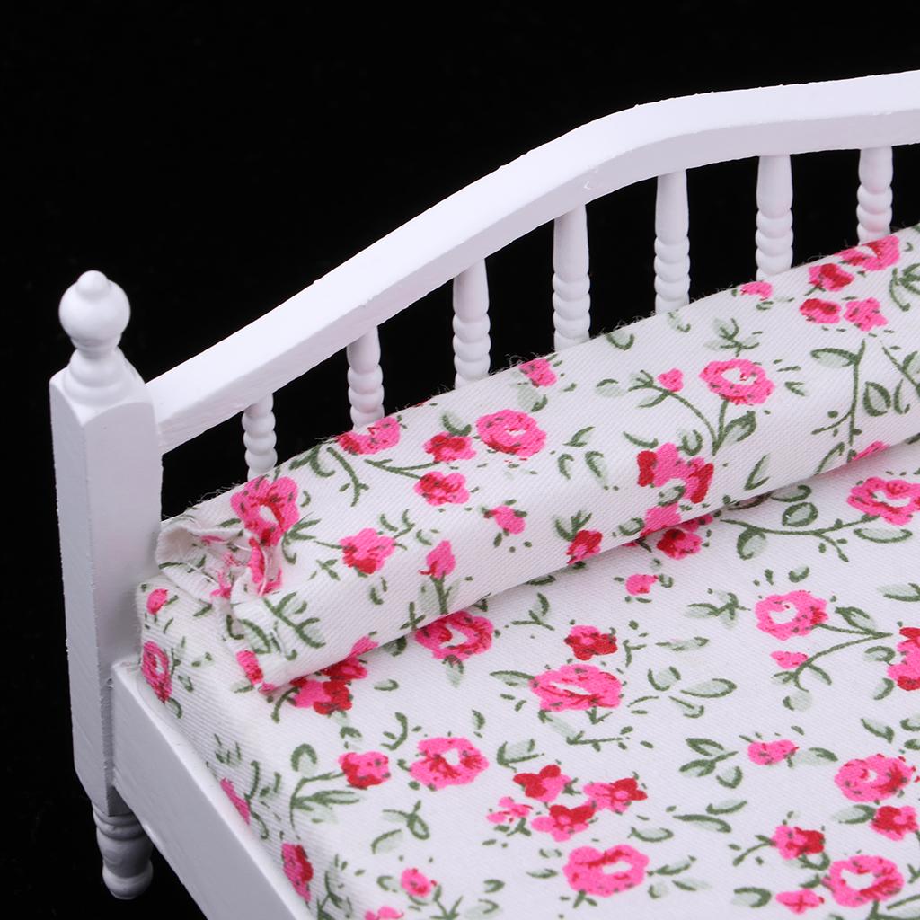1:12 Dollhouse Miniature Wooden Floral Bed & Bedside Cabinet Furniture Decor