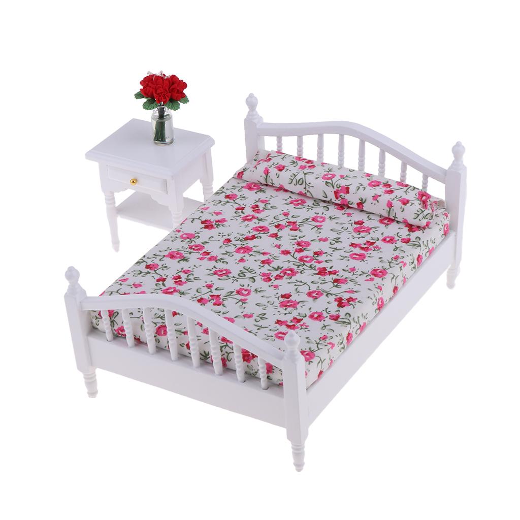 1:12 Dollhouse Miniature Wooden Floral Bed & Bedside Cabinet Furniture Decor