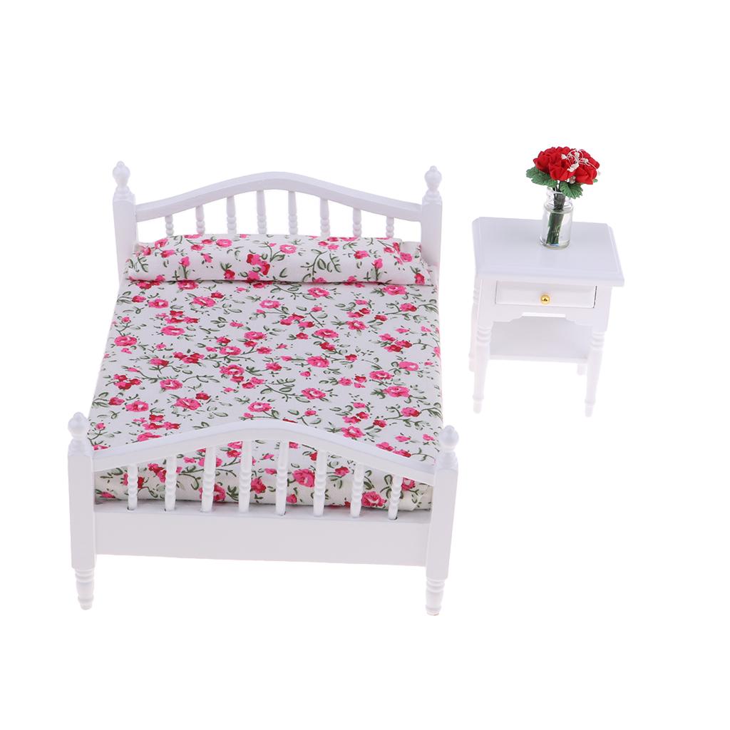 1:12 Dollhouse Miniature Wooden Floral Bed & Bedside Cabinet Furniture Decor