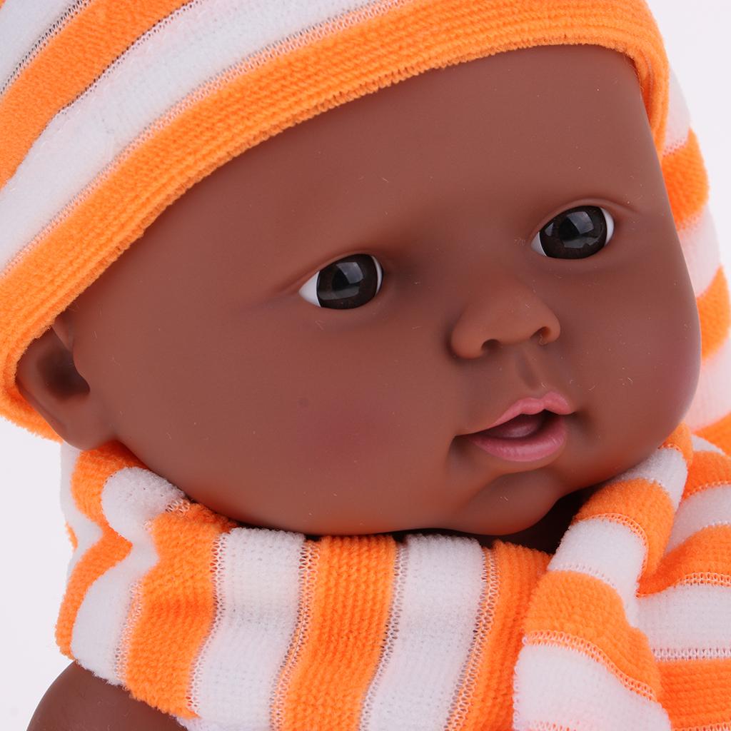 28cm Baby Doll Vinyl African Newborn Baby in Orange Striped Hat Scarf Socks