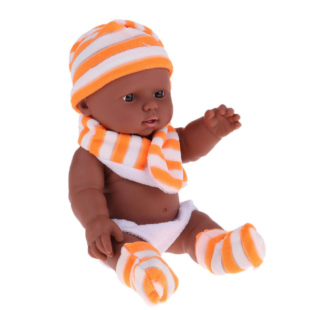 28cm Baby Doll Vinyl African Newborn Baby in Orange Striped Hat Scarf Socks