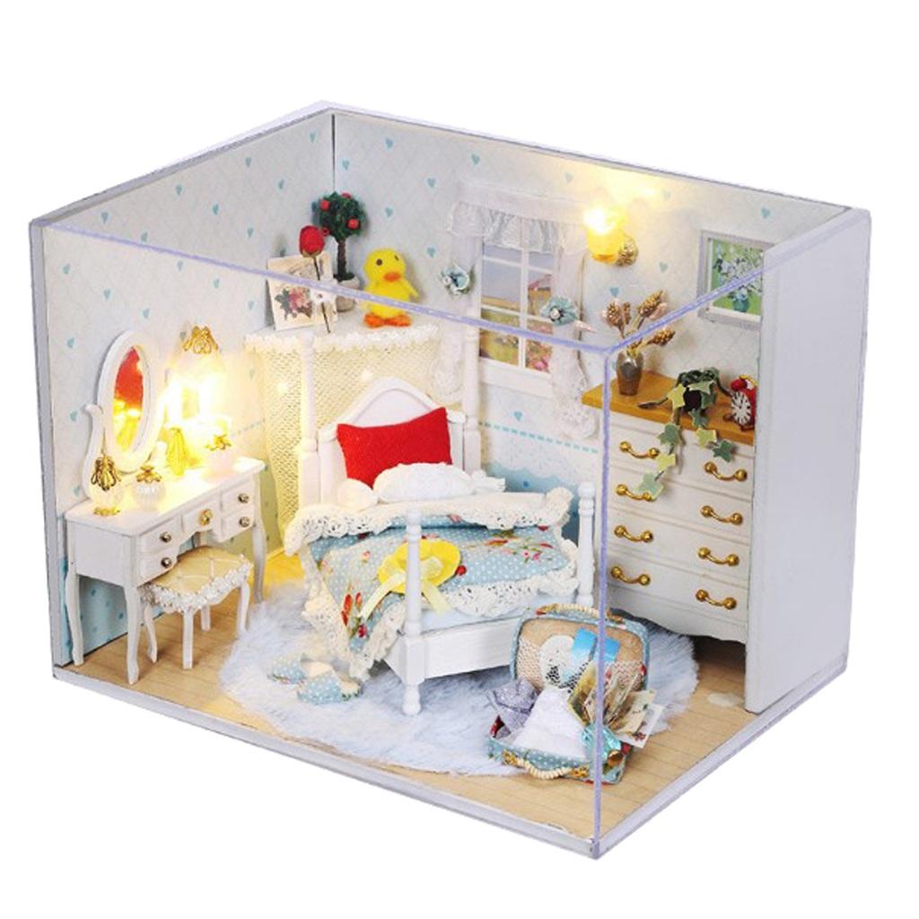 DIY Dolls House Kit Wooden Miniature with Furniture LED Light Bedroom Model