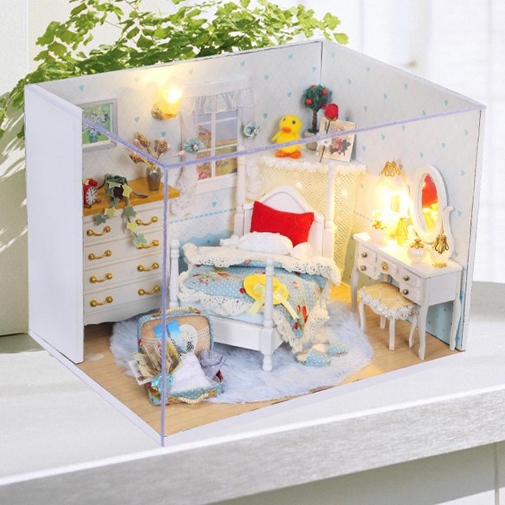 DIY Dolls House Kit Wooden Miniature with Furniture LED Light Bedroom Model