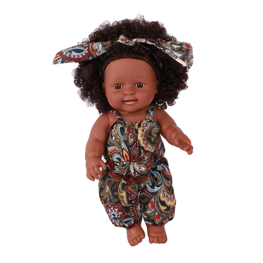 30cm Real Life Baby Boy Doll Vinyl African Newborn Infant Floral Overalls C