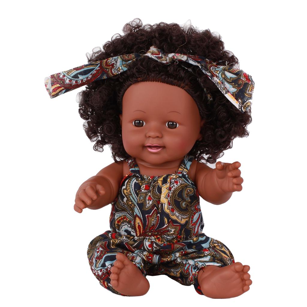 30cm Real Life Baby Boy Doll Vinyl African Newborn Infant Floral Overalls C