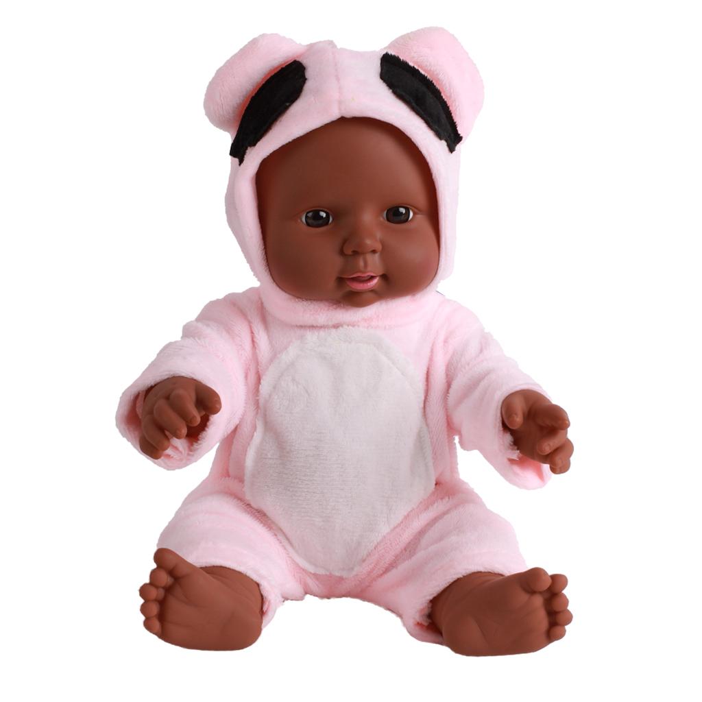 30cm Real Life Baby Boy Doll Vinyl African Newborn Infant in Pink Clothes