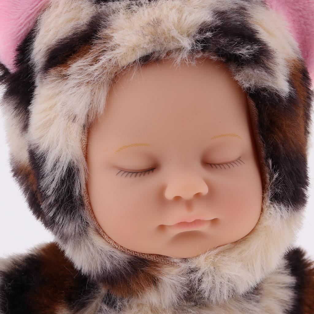 25cm Lifelike Stuffed Reborn Sleep Plush Baby Doll w/ Leopard Clothes Toys
