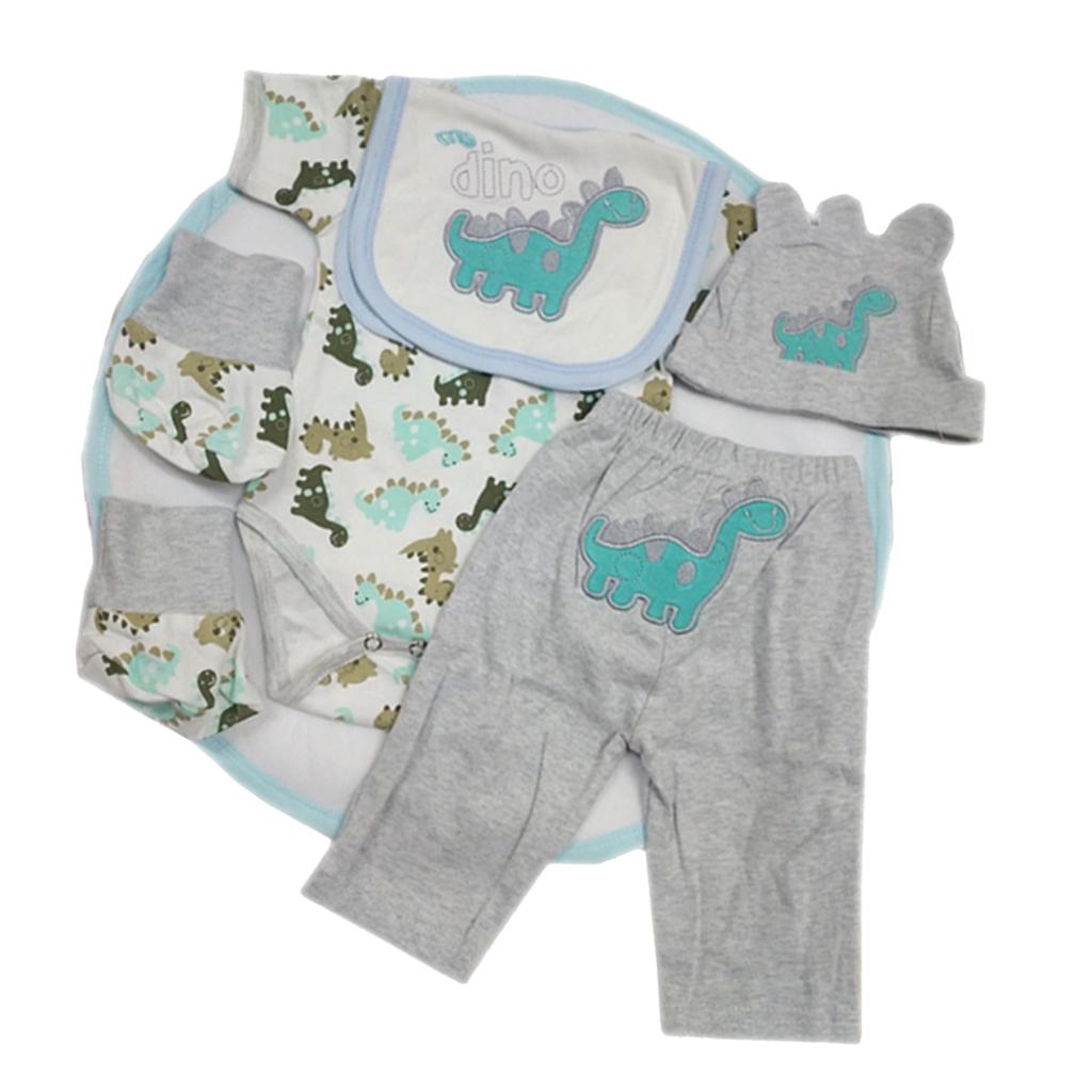 Dinosaur Printed Rompers Pants Hat Socks Bib Clothes for 22-23inch Baby Doll