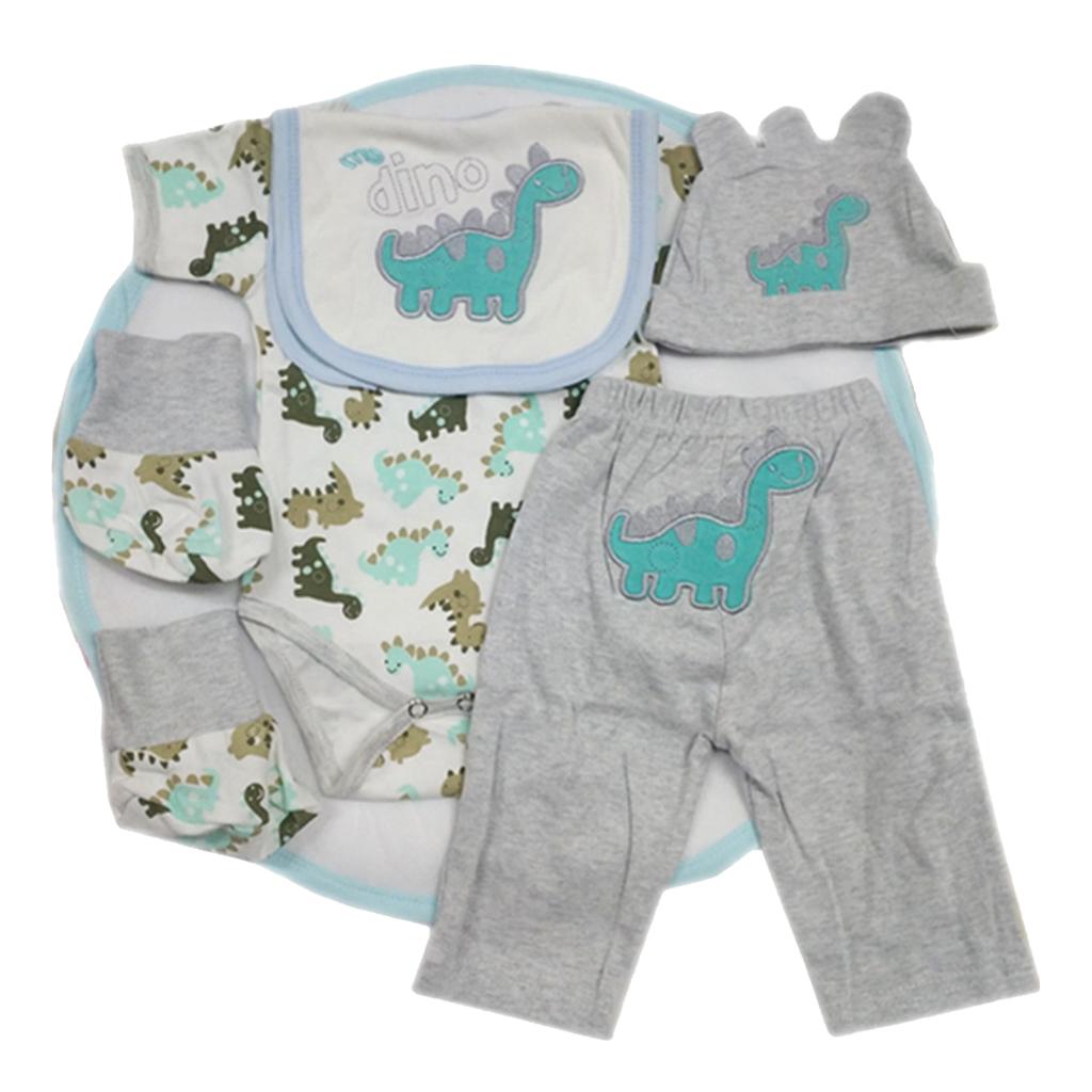 Dinosaur Printed Rompers Pants Hat Socks Bib Clothes for 22-23inch Baby Doll