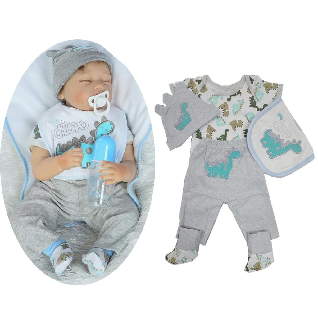 Dinosaur Printed Rompers Pants Hat Socks Bib Clothes for 22-23inch Baby Doll