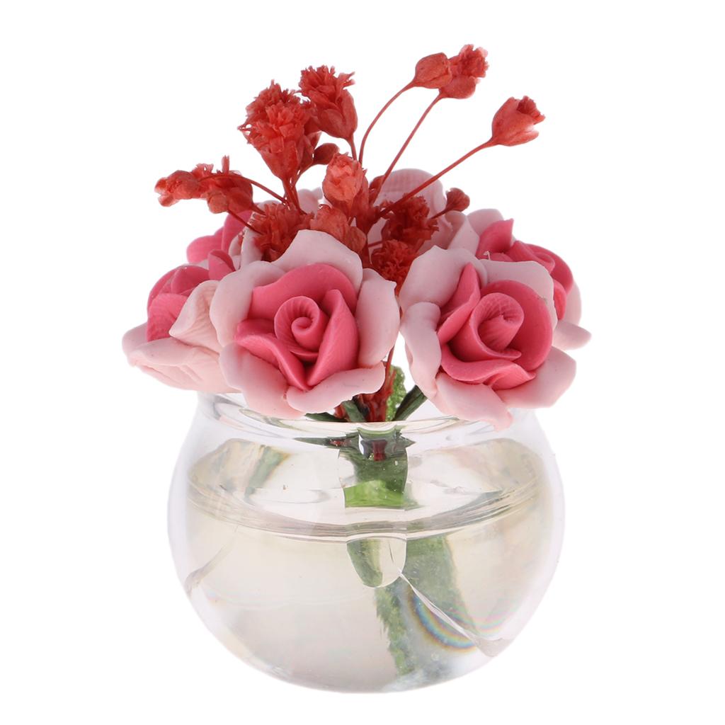 Plastic Vase with Pink Rose Model for 1/12 Dollhouse Miniature Decoration