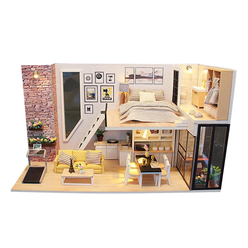 DIY Wood Dolls House Kit Miniature with Furniture LED Light Duplex Apartment