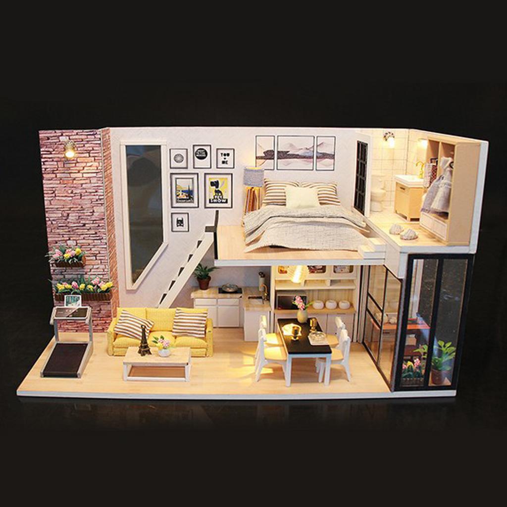 DIY Wood Dolls House Kit Miniature with Furniture LED Light Duplex Apartment