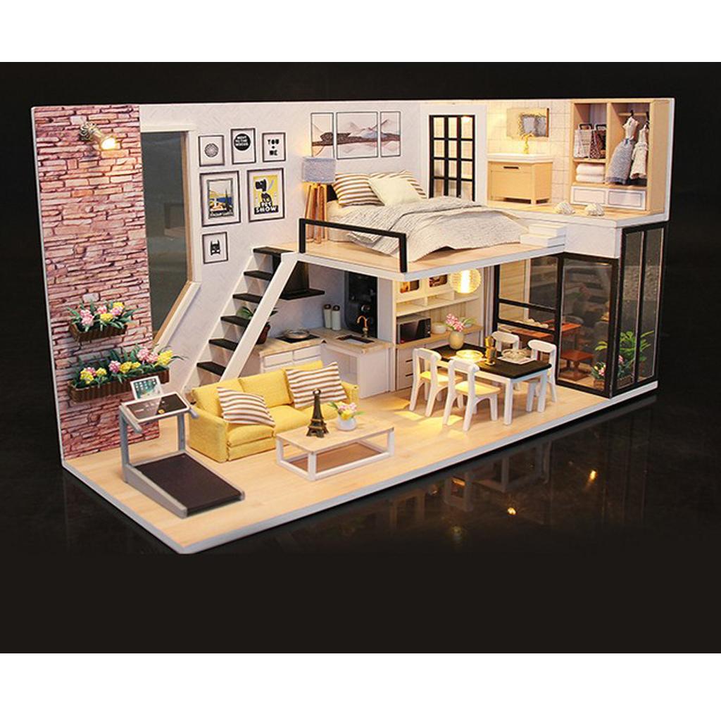 DIY Wood Dolls House Kit Miniature with Furniture LED Light Duplex Apartment