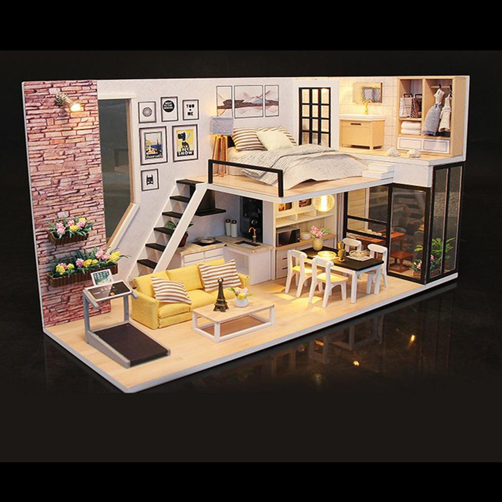 DIY Wood Dolls House Kit Miniature with Furniture LED Light Duplex Apartment