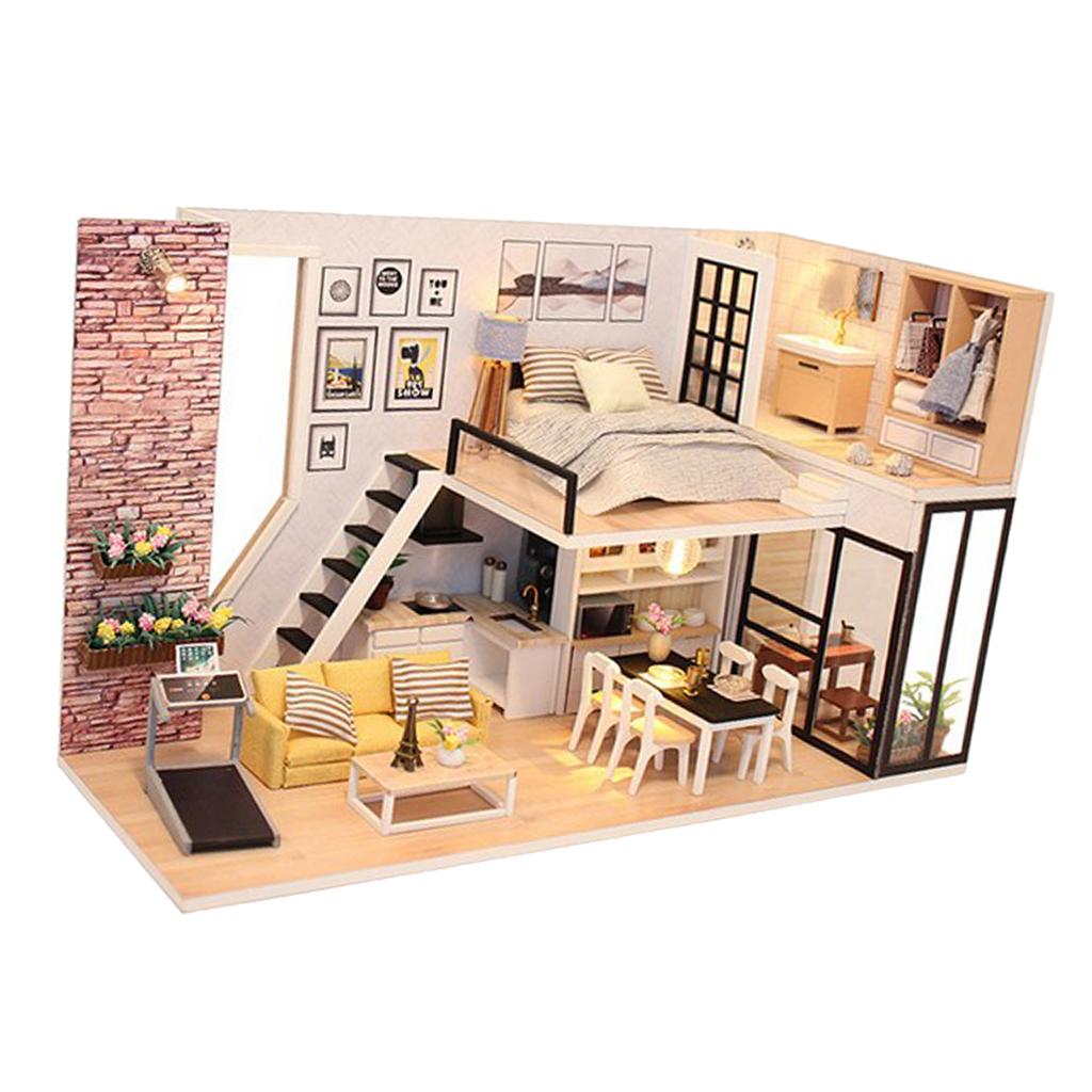 DIY Wood Dolls House Kit Miniature with Furniture LED Light Duplex Apartment