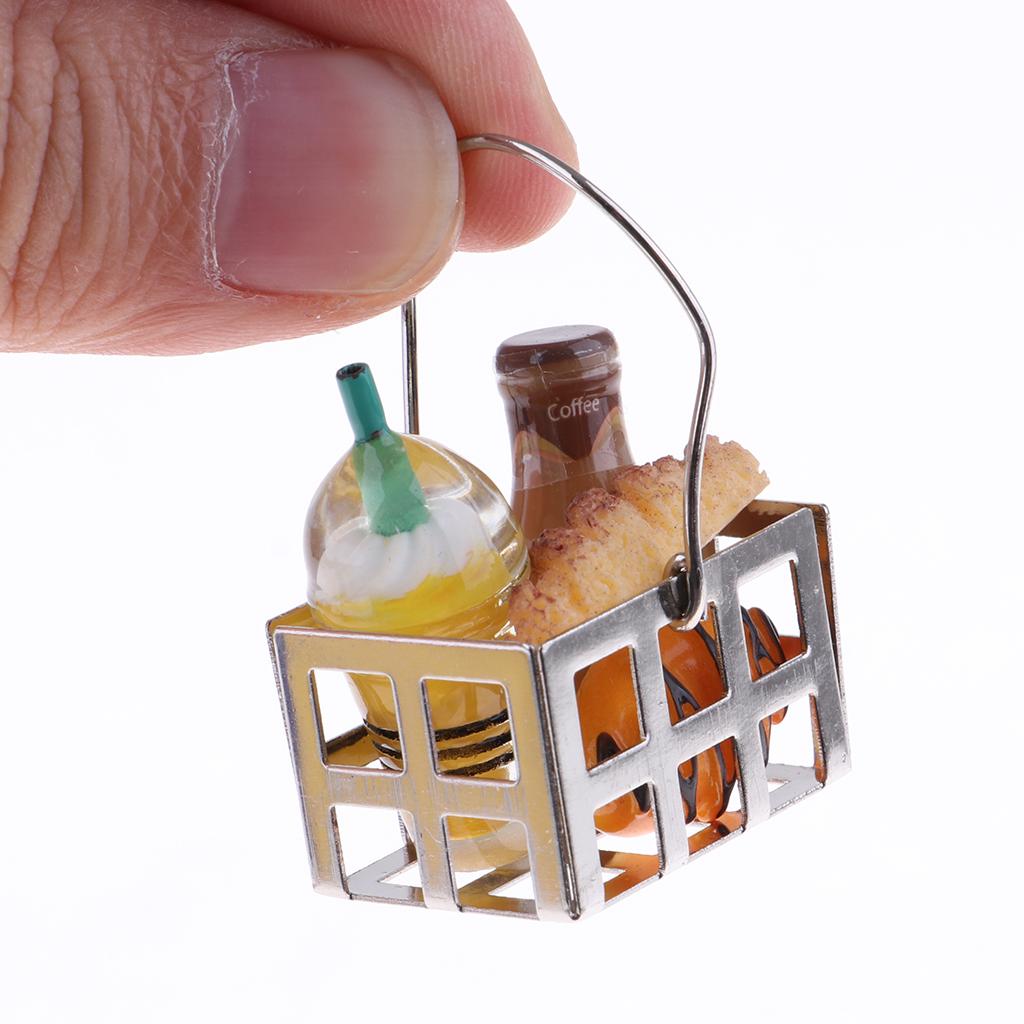 1/12 Dollhouse Furniture Mini Metal Bread Basket with Coffe Bottles Set