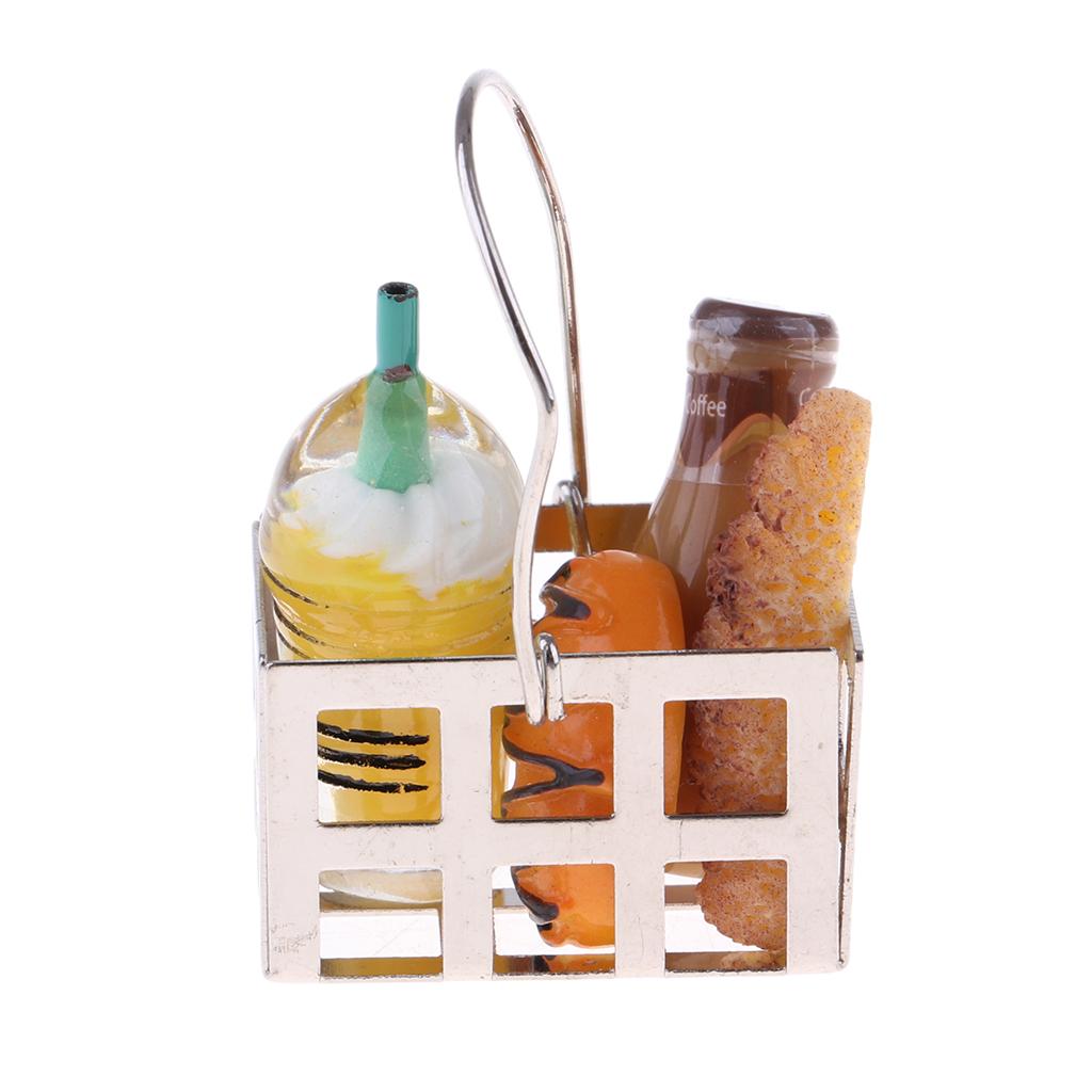 1/12 Dollhouse Furniture Mini Metal Bread Basket with Coffe Bottles Set