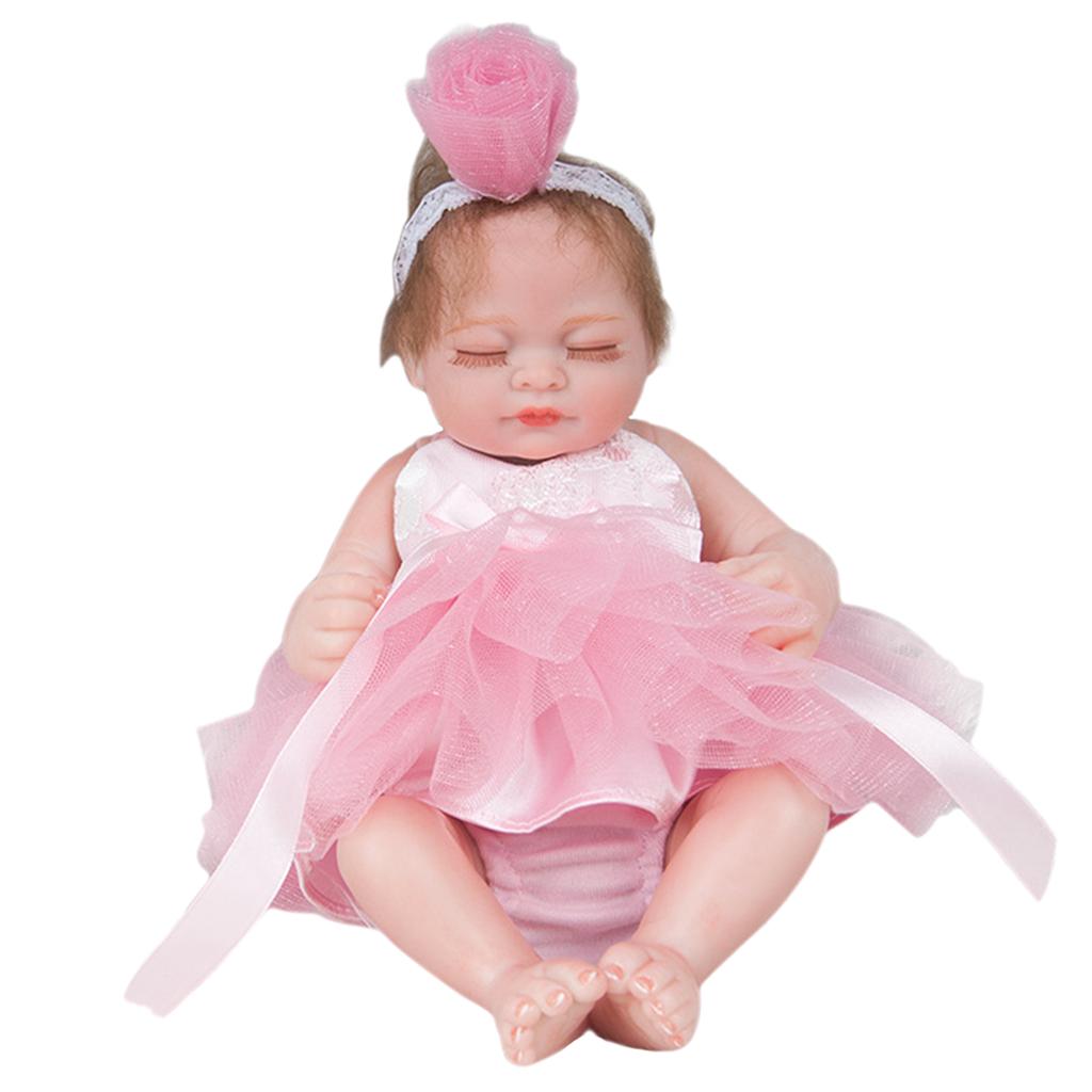 28cm Silicone Mini Reborn Doll Girl Newborn Baby Doll in Pink Dress Headband