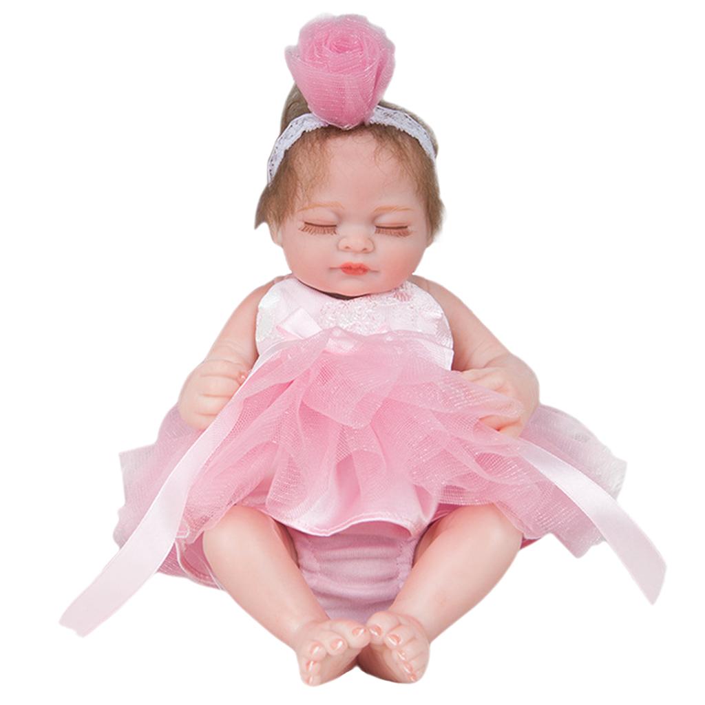 28cm Silicone Mini Reborn Doll Girl Newborn Baby Doll in Pink Dress Headband