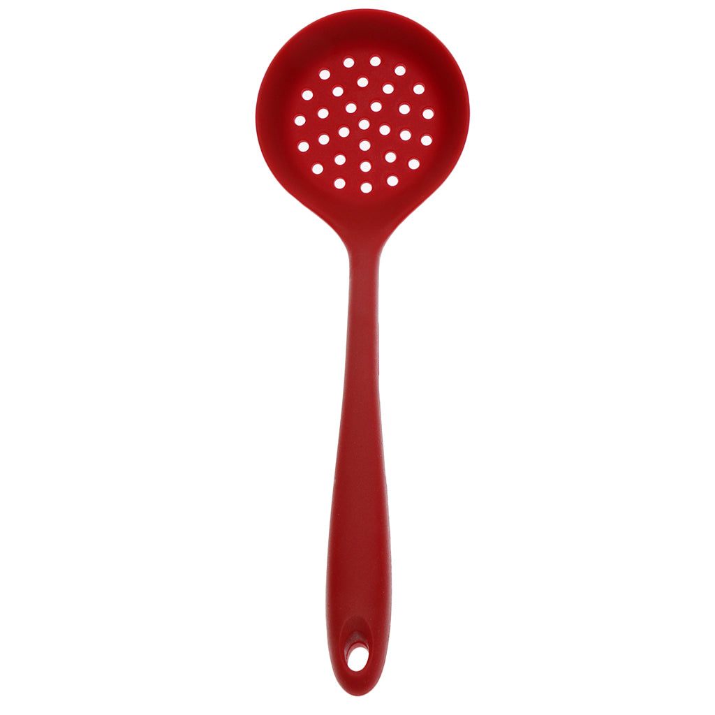 Silicone Colander Filter Soup Ladle -Long Handle W Hole Kitchen Red