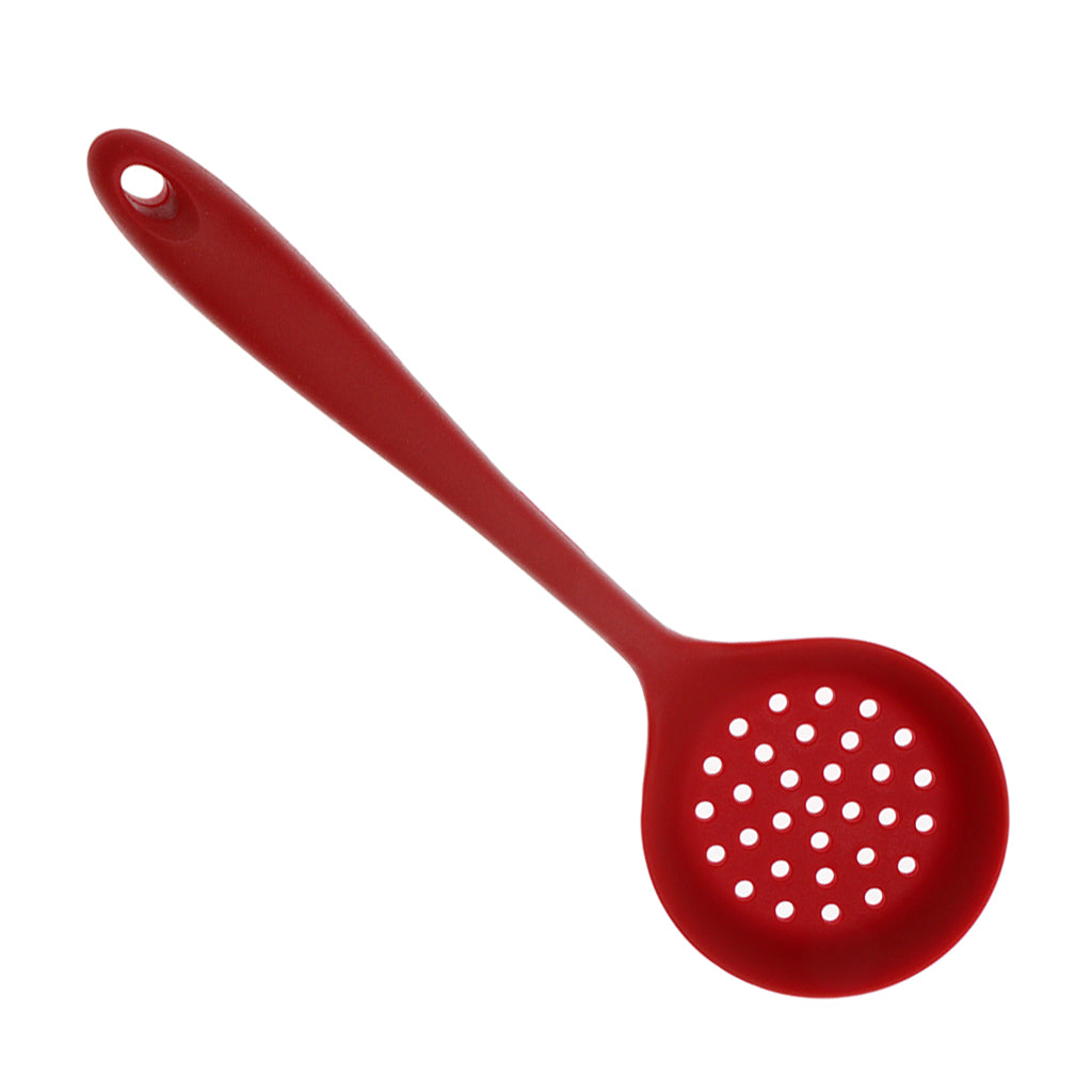 Silicone Colander Filter Soup Ladle -Long Handle W Hole Kitchen Red