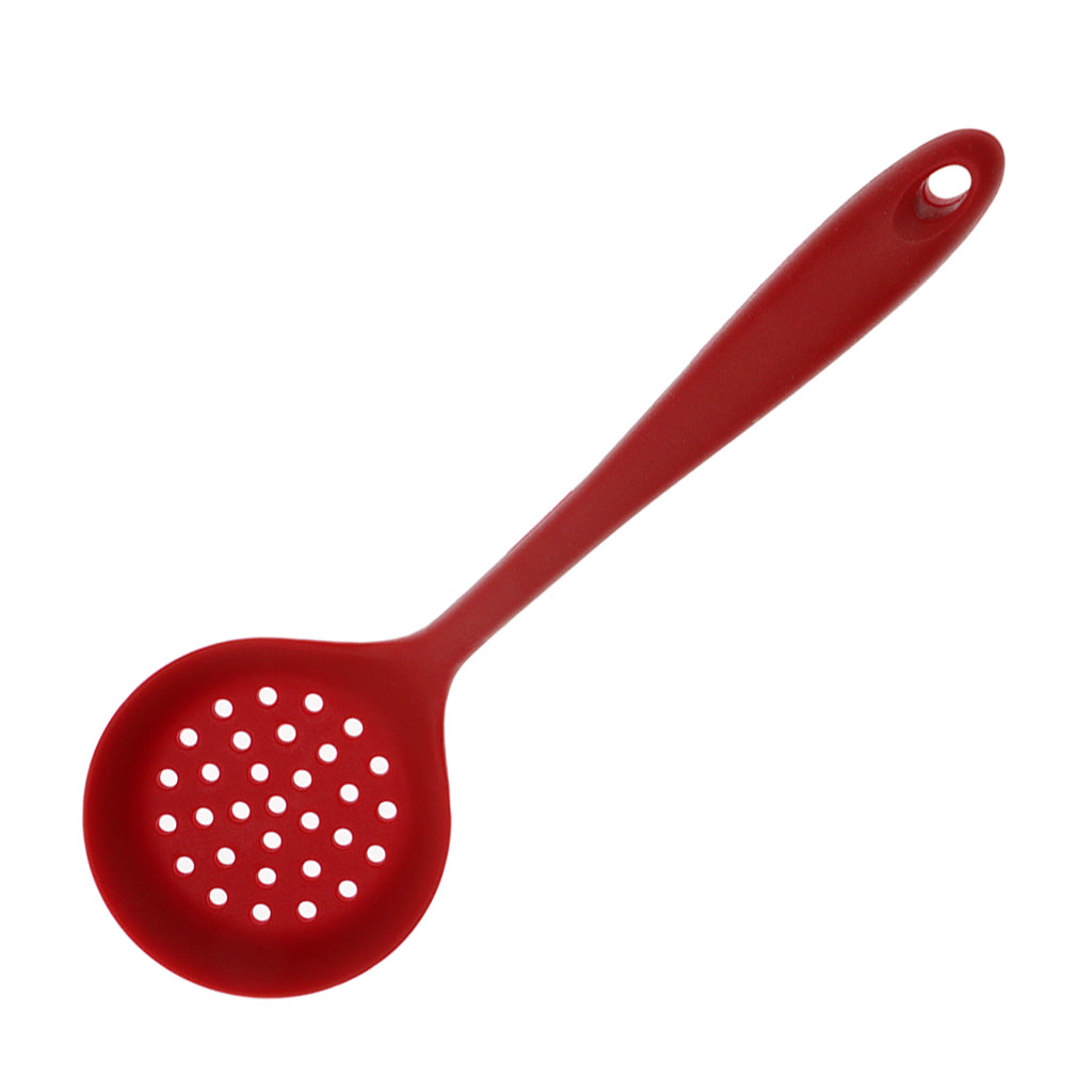 Silicone Colander Filter Soup Ladle -Long Handle W Hole Kitchen Red