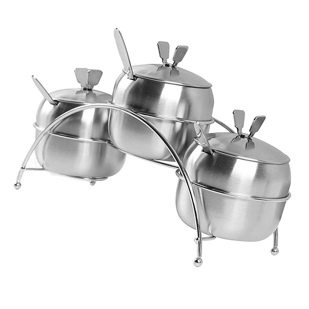 Seasoning Jars with Spoons Stainless Steel Spice Jars Condiment Pot 3pcs
