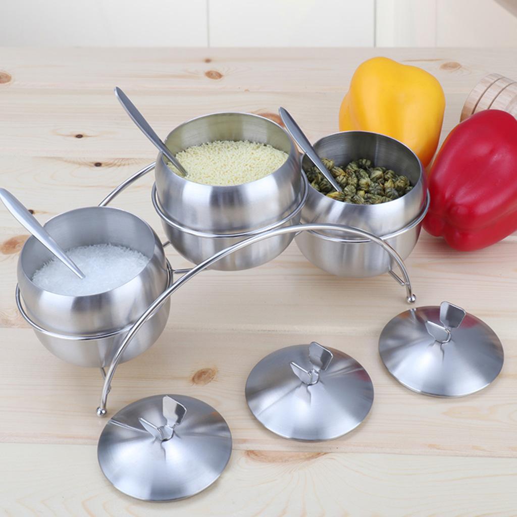 Seasoning Jars with Spoons Stainless Steel Spice Jars Condiment Pot 3pcs