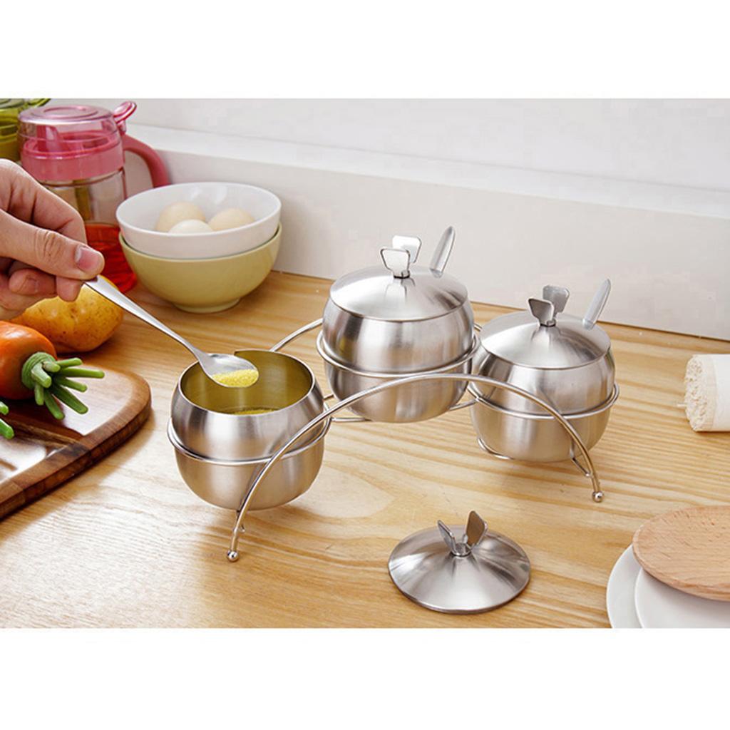 Seasoning Jars with Spoons Stainless Steel Spice Jars Condiment Pot 3pcs