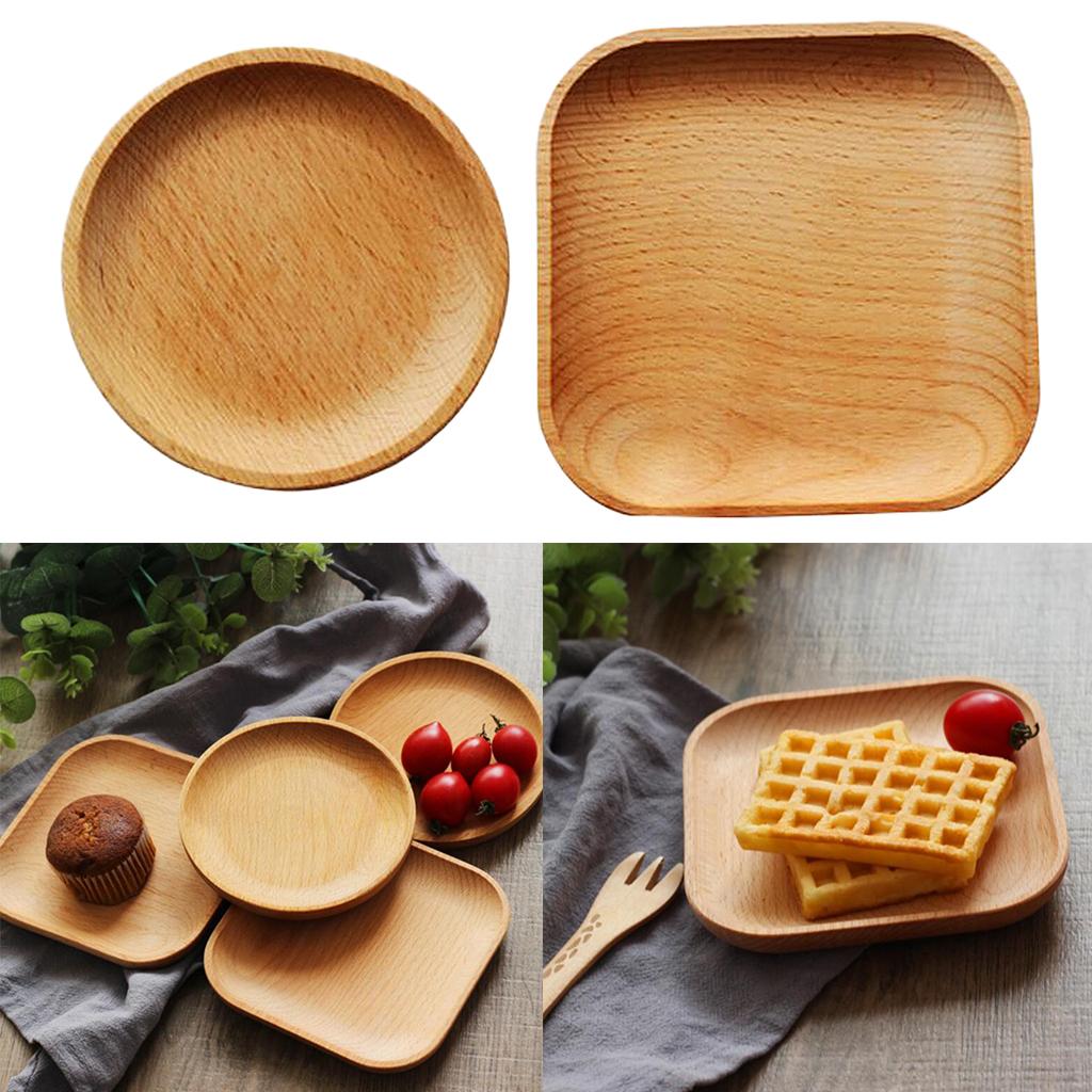 Tea Serving Tray Food Dish Fruit Platter Dessert Wood Breakfast Plate Round