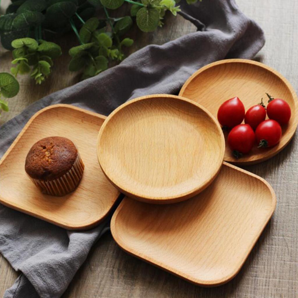 Tea Serving Tray Food Dish Fruit Platter Dessert Wood Breakfast Plate Round