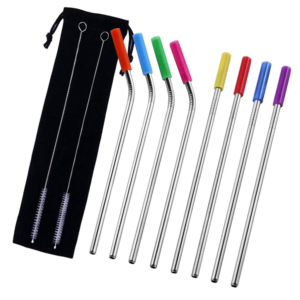 10Pcs Stainless Steel Straws Drinking Beverage 4 Straight 4 Bent 2 Brushes