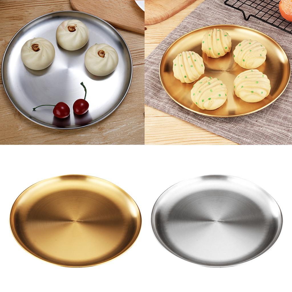 2Color Stainless Steel Dinner Plate Round Camping Picnic Serving Tray 23cm