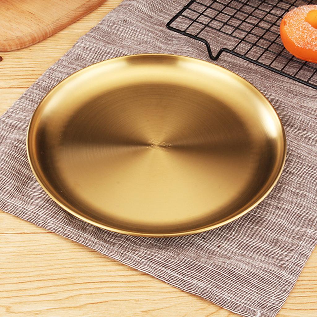 Stainless Steel Dinner Plate Round Camping Picnic Serving Tray Golden 20cm
