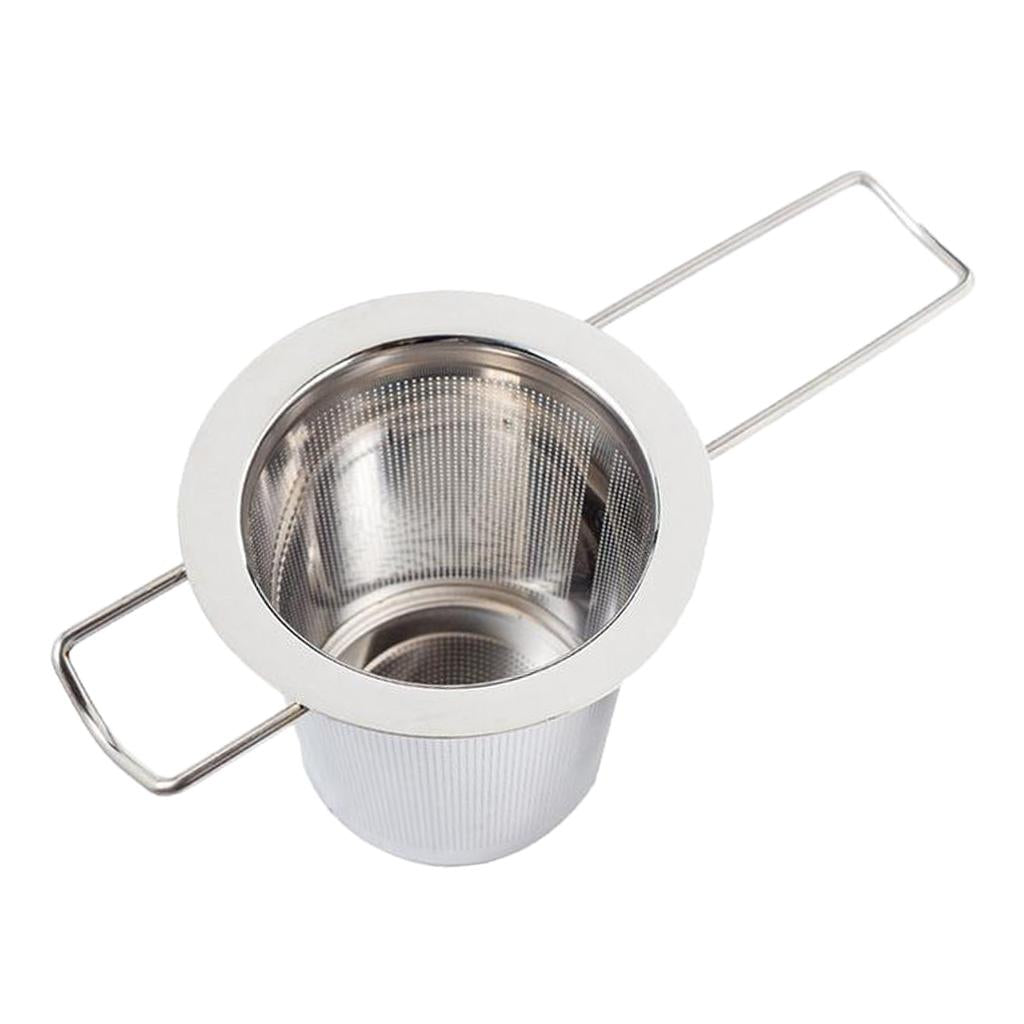 Stainless Steel Tea Infuser Mesh Strainer with Long Handle Hanging on Teapot