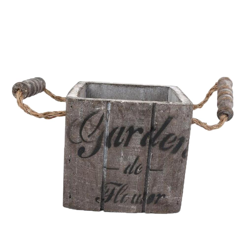 Vintage Wood Bucket Shabby Chic Flower Pots Garden Planter Pot Square Brown